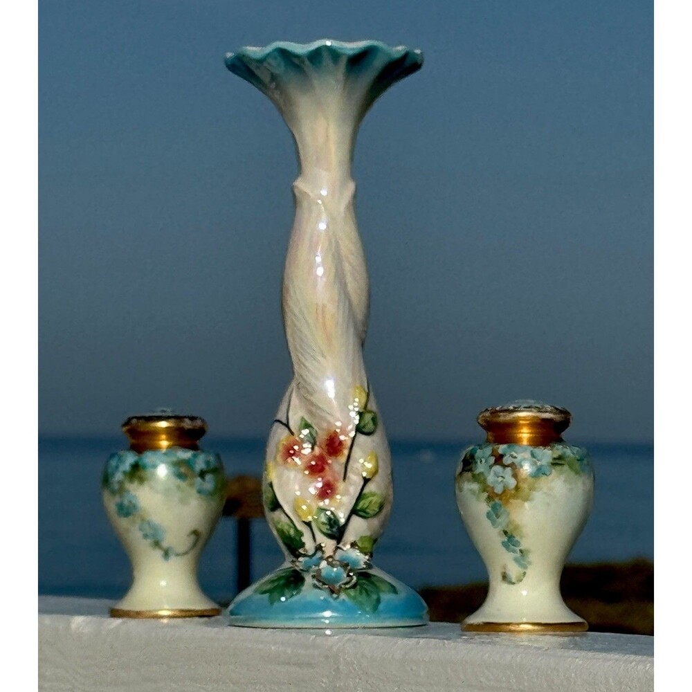 Vintage Norcrest Japan Bud Vase Salt Pepper Set Hand Painted Floral